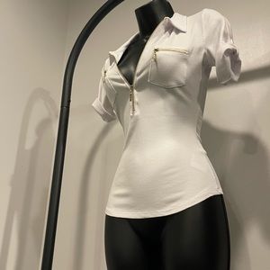 Guess Size XS All White Collared Top with Gold Zippered V Neck Brand New